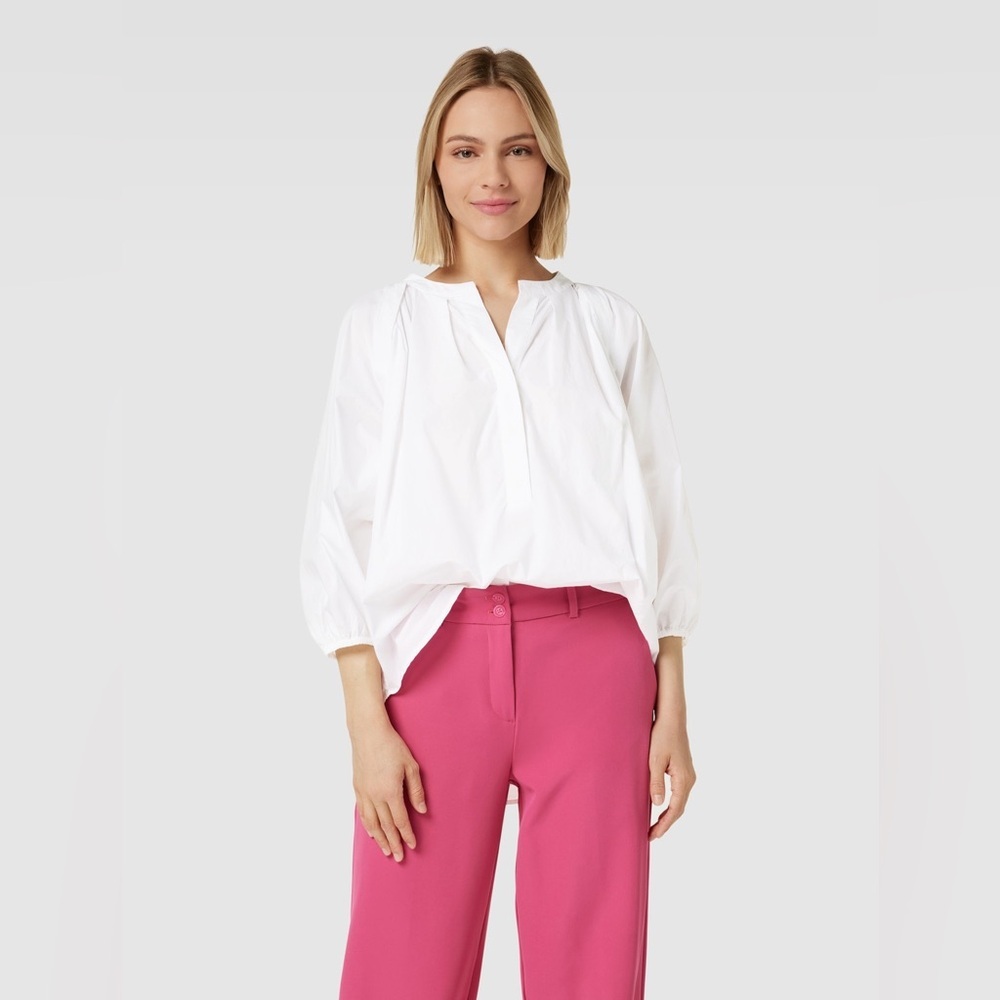 Repeat Balloon Sleeve V-Neck Loose Fit White Blouse